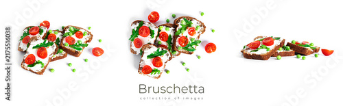 Bruschetta with cream cheese and vegetables isolated on a white background. Toasts isolated. Sandwich isolated. Sandwich with vegetables and cheese.