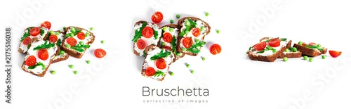 Panel kuchenny z motywem Bruschetta with cream cheese and vegetables isolated on a white background. Toasts isolated. Sandwich isolated. Sandwich with vegetables and cheese.