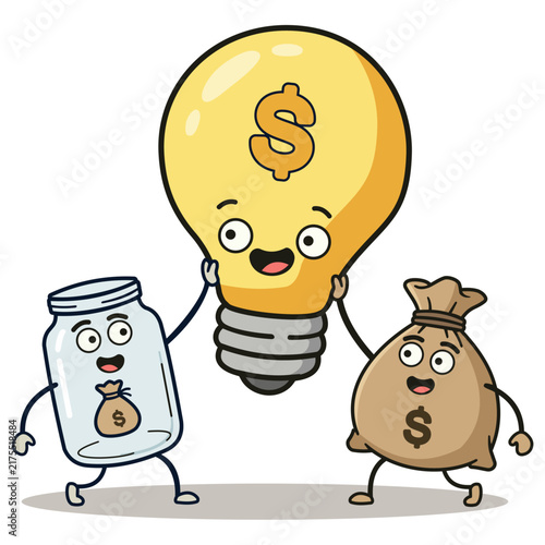 Cute light bulb with dollar sign lifted by glass jar and money bag. Ideal cute vector illustration for financial, savings, business, investment, and big money-making ideas.