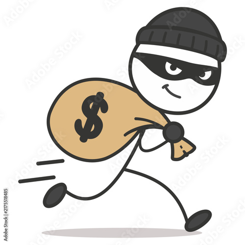 Vector cartoon bandit wearing a black mask and beanie hat carrying stolen cash bag with a dollar sign.