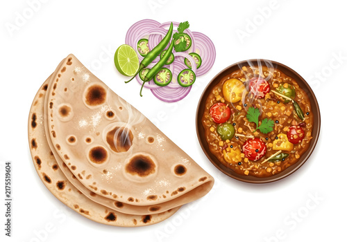 stacked flatbreads ready to serve with chutney and onion rings on lime slices and green chilies in a fresh and appetizing presentation top-down view food photography.