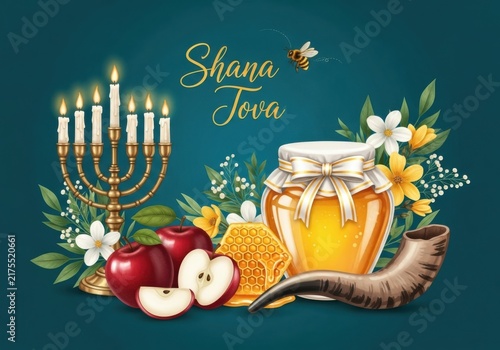 Rosh hashanah greeting card with honey, apples, shofar, and menorah on a dark teal background