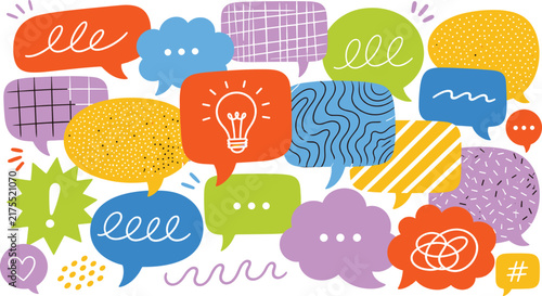 Colorful abstract speech bubbles with playful textured patterns in scribble style. Modern creative communication, chat, discussion concept. Multiple messages group. Colored flat vector illustration