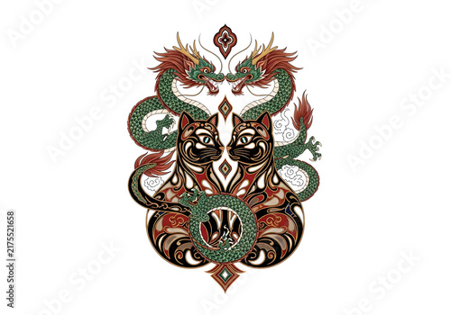 Intricate Siamese Cats with Emerald Dragons in Mythological Symmetrical Design