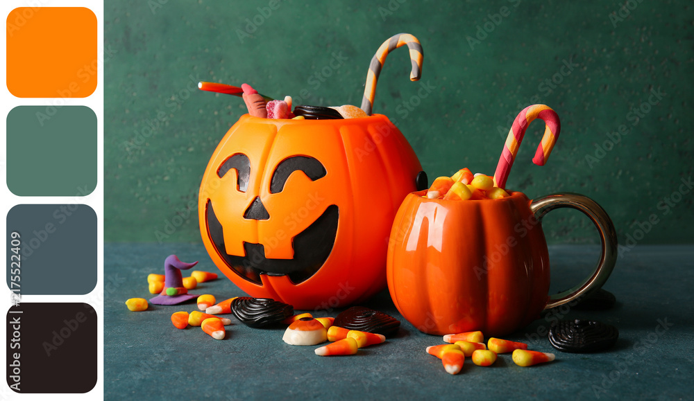 Fototapeta premium Halloween celebration and trick or treat concept, pumpkin candy buckets filled with sweets and lollipops on a dark green textured background