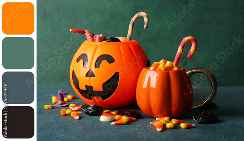 Fotografie Halloween celebration and trick or treat concept, pumpkin candy buckets filled w