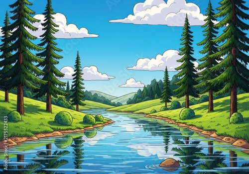 Cartoon landscape with a river flowing through a pine forest under a blue sky with white clouds