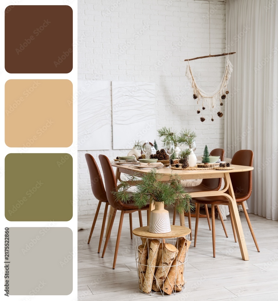 Obraz premium Holiday home interior, festive dining room table setting with winter decor and natural elements for seasonal celebration and family gathering
