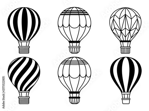 Six different styled hot air balloon outlines depicted in black and white showcasing various geometric and striped patterns travel adventure transportation freedom sky flight