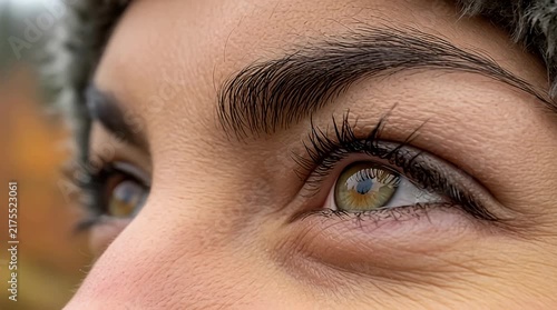 Close-up of a striking female eye with dramatic makeup and dark lashes showcasing beauty elegance and intense focus against a blurred natural background