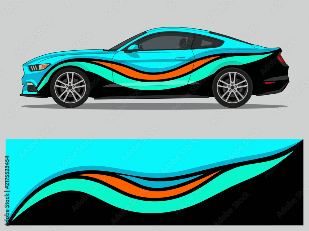 Naklejka premium Colorful sports car with dynamic wave design wrap 4.