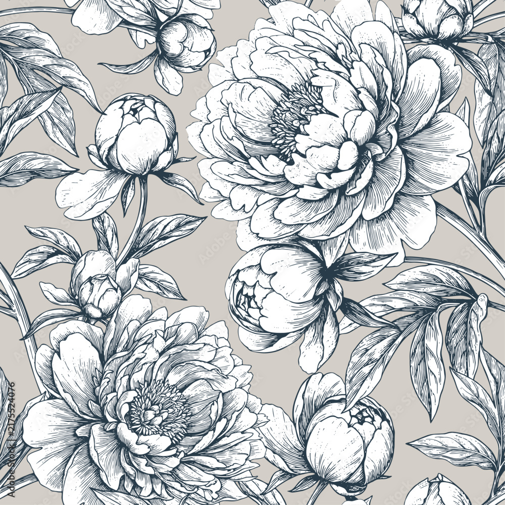Obraz premium Seamless pattern with blooming peonies isolated on a changeable background. Vintage engraving or ink drawing style vector illustration.