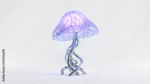 Ethereal glass jellyfish mushroom sculpture on white background.