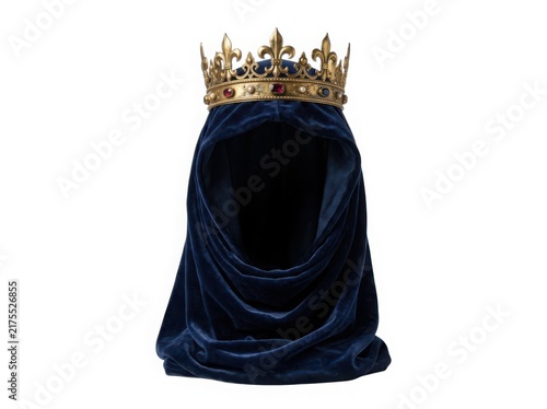 Majestic medieval royal crown on dark blue velvet hood