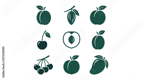 Dark green fruit silhouettes including plum and cocoa pod.
