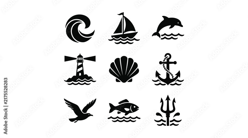 Fototapeta premium Nautical theme and maritime industry black silhouette icons.
