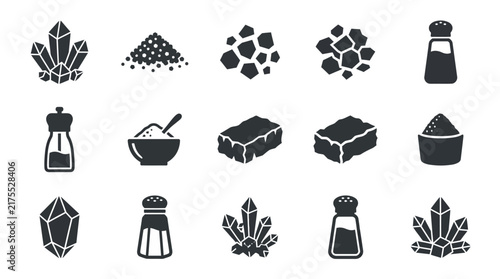 Salt crystal and seasoning icons with shakers and dispensers.