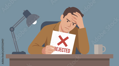 Foto Man Anxiously Reading Rejection Letter at Desk