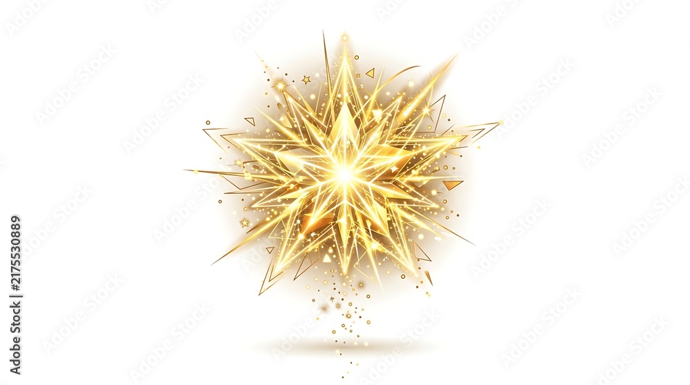 Fototapeta premium A bright and vibrant golden starburst explodes with energy and light on a clean white background