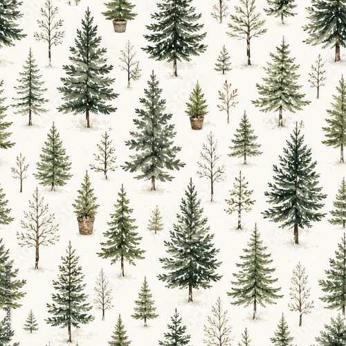 Watercolor Christmas Pine Tree Seamless Winter Pattern