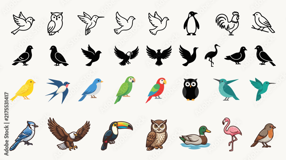 Obraz premium Set of black and color high quality icons and illustrations of birds. Birds vector and icon collection. Modern simple birds in different styles and perspectives. Vector illustration. No texts.