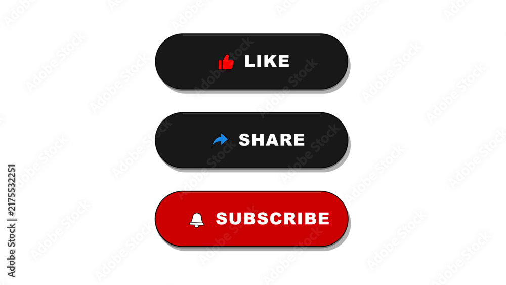 Fototapeta premium Subscribe like and share button set for social media interface in flat vector style for video streaming platforms