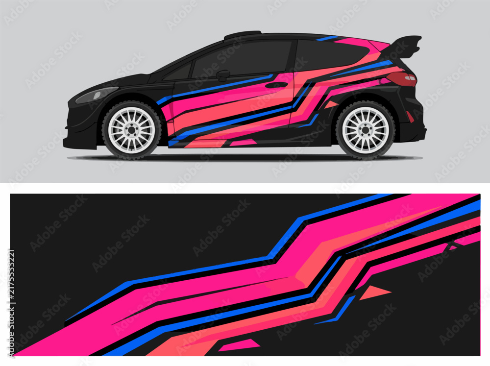 Fototapeta premium Black rally car with vibrant pink and blue racing decals.