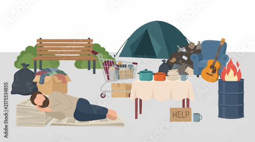 Foto Homelessness and Poverty Illustration with Person and Makeshift Camp