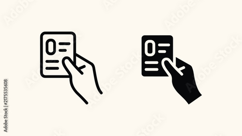 Hand holding identity card icon in linear and solid styles for business verification.