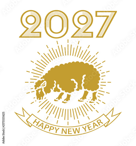2027年　未年　年賀用デザイン素材　賀詞付き　頭を下げる羊と光輪