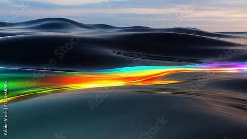 Abstract undulating liquid surface with a vibrant, glowing rainbow spectrum streak under a soft, cloudy sky