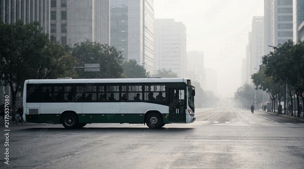 Obraz premium A modern city bus with passengers moves slowly through misty urban streets with tall buildings in the background