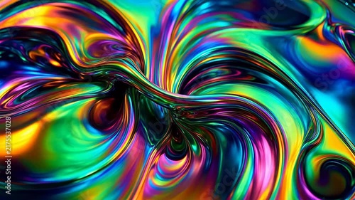 Abstract iridescent metallic fluid background with holographic rainbow colored swirls