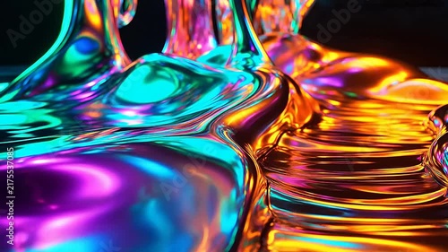 Abstract iridescent fluid ripples with vibrant neon metallic colors and liquid chrome texture