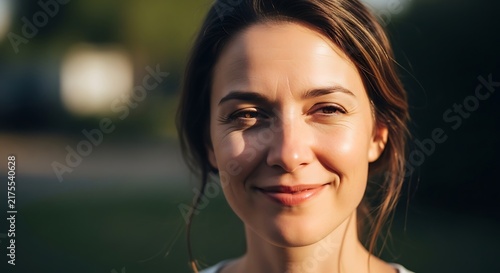 Smiling woman with brown hair and eyes in a park setting with natural makeup
