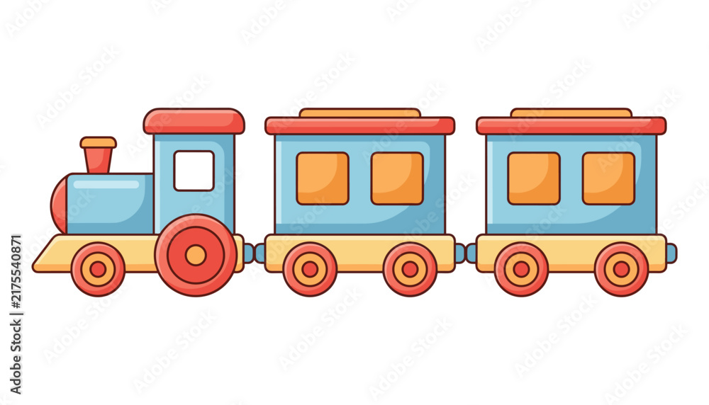Naklejka premium Colorful toy train vector illustration with a locomotive engine and two passenger carriages on white background