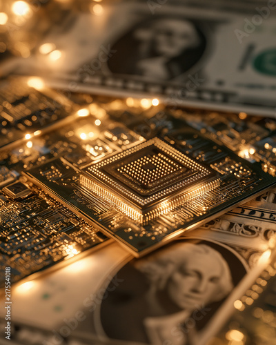 Golden Microchip on Currency: A close-up shot focuses on a gleaming golden microchip resting on US dollar bills, with blurred golden lights in the background.