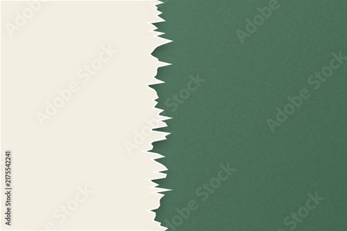 Minimalist design with a vertical torn paper edge on deep green texture.