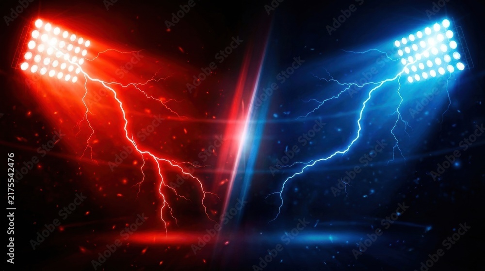 Obraz premium Red and Blue Stadium Lights Emitting Electric Lightning Flashes on Dark Background Abstract Energy Concept