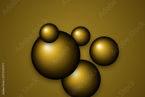 Multiple glossy golden spheres floating in cluster on mustard backdrop.