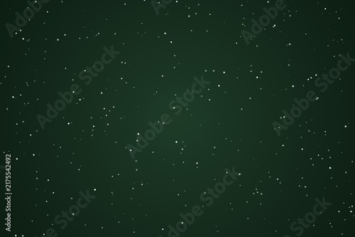 Night sky view with white scattered star dust on dark green background.