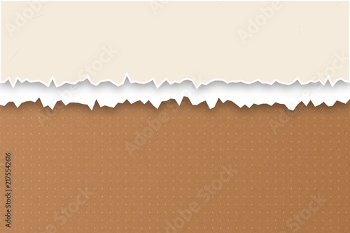 Paper banner with torn edge on dotted brown textured paper background.