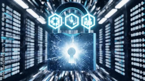 Floating padlock icon in a futuristic data server room.