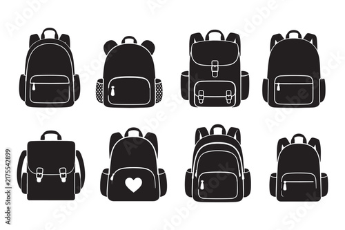 Set of black silhouette vector school backpacks and rucksacks with backpack rucksack education