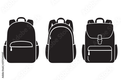 Three black silhouette vector school backpacks isolated collection with backpack rucksack knapsack