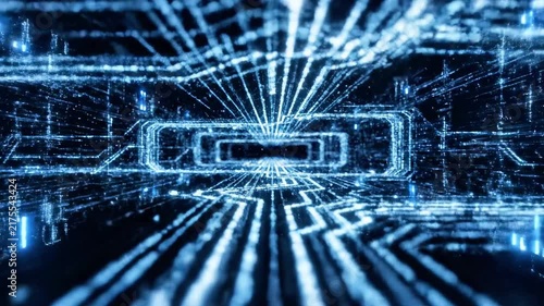 Futuristic blue fiber optic data stream perspective background.
