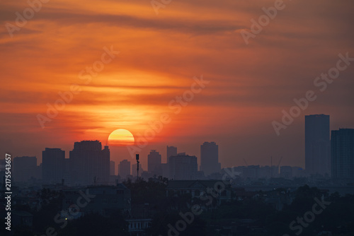 Dramatic Orange Sunset Over Hanoi Skyline, Vietnam