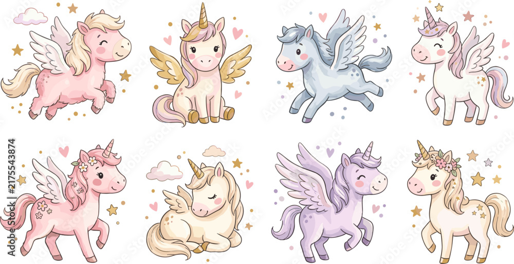 Obraz premium Cute Baby Unicorn and Pegasus Vector Clip Art Set Featuring Mythical Flying Horses with Stars and Hearts Elements Isolated on White Background