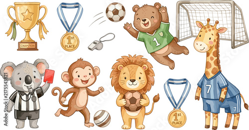 Cute Animal Soccer Vector Clip Art Set Featuring Lion Monkey Bear Giraffe Koala Referee Trophy and Medals Isolated on White Background