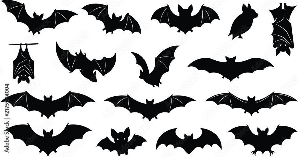 Fototapeta premium Flying Bats Silhouette Icon Set Halloween Vector Illustration